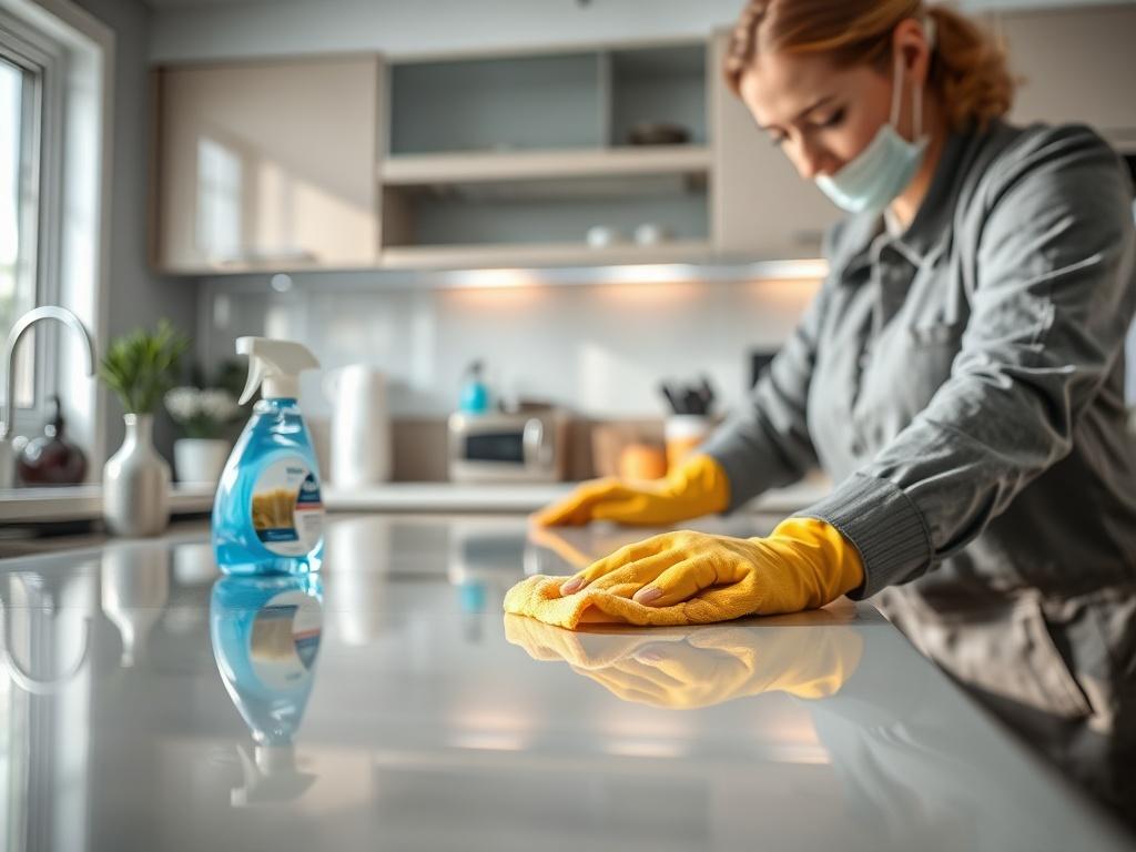 A hyper-realistic close-up shot of a professional cleaner in a residential kitchen, using high-quality cleaning products. The cleaner is focused on wiping down a shiny countertop with a microfiber cloth. The background features modern kitchen appliances and a well-organized space that reflects cleanliness. The image should have a soft, natural light, enhancing the shiny surfaces, and should be shot with a 45mm f/1.2 lens style to create a beautiful depth of field.