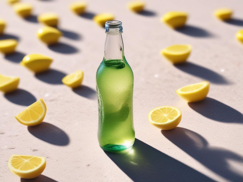 a bottle of natural soda with ice and lemon slices,