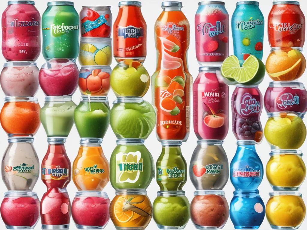 A hyper-realistic close-up shot of various non-alcoholic beverages such as colorful soft drinks, fresh fruit juices, and flavored sparkling waters. The background features a light and refreshing outdoor picnic setting with soft colors. The image should be high resolution, captured with a 45mm f/1.2 lens style.