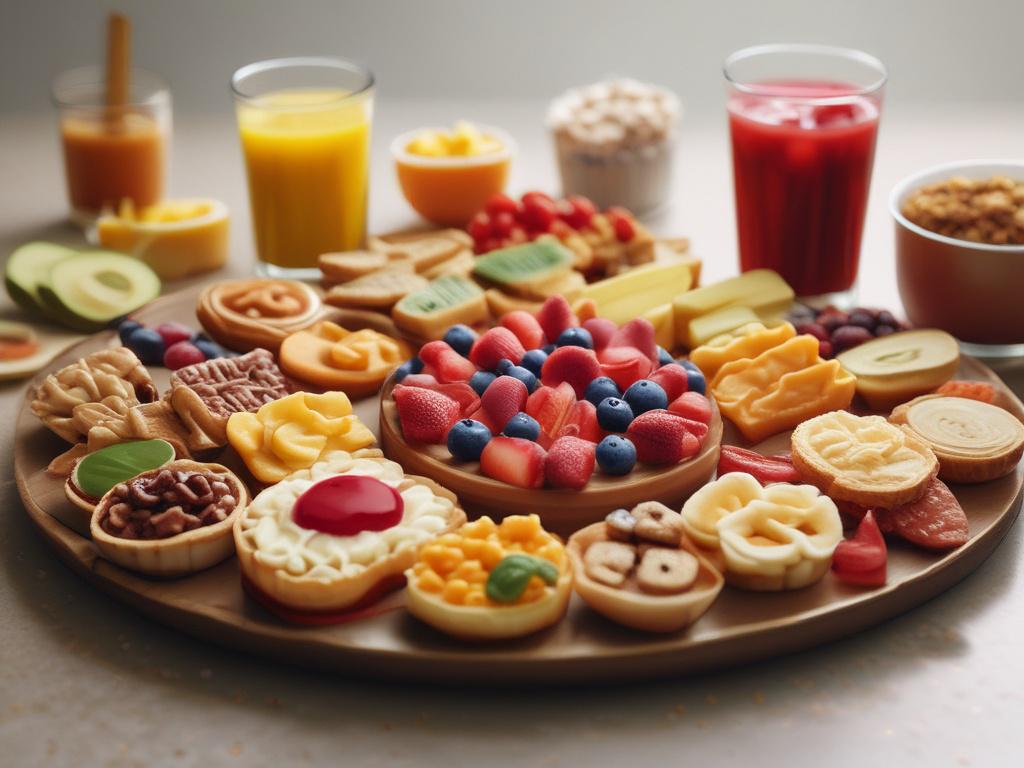 A hyper-realistic close-up shot of a delicious assortment of snacks and gourmet foods arranged beautifully on a table. The background is softly blurred to focus on the food, with warm and inviting colors. The image should be high resolution, taken with a 45mm f/1.2 lens style.