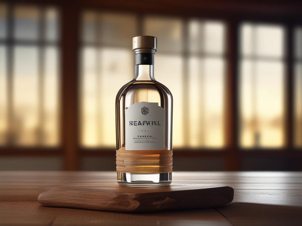 A single bottle of high-quality spirits, elegantly placed on a minimalistic wooden table, with a soft-focus background of a lively celebration, featuring vibrant colors, highlighting the bottle's label and the rich texture of the glass.