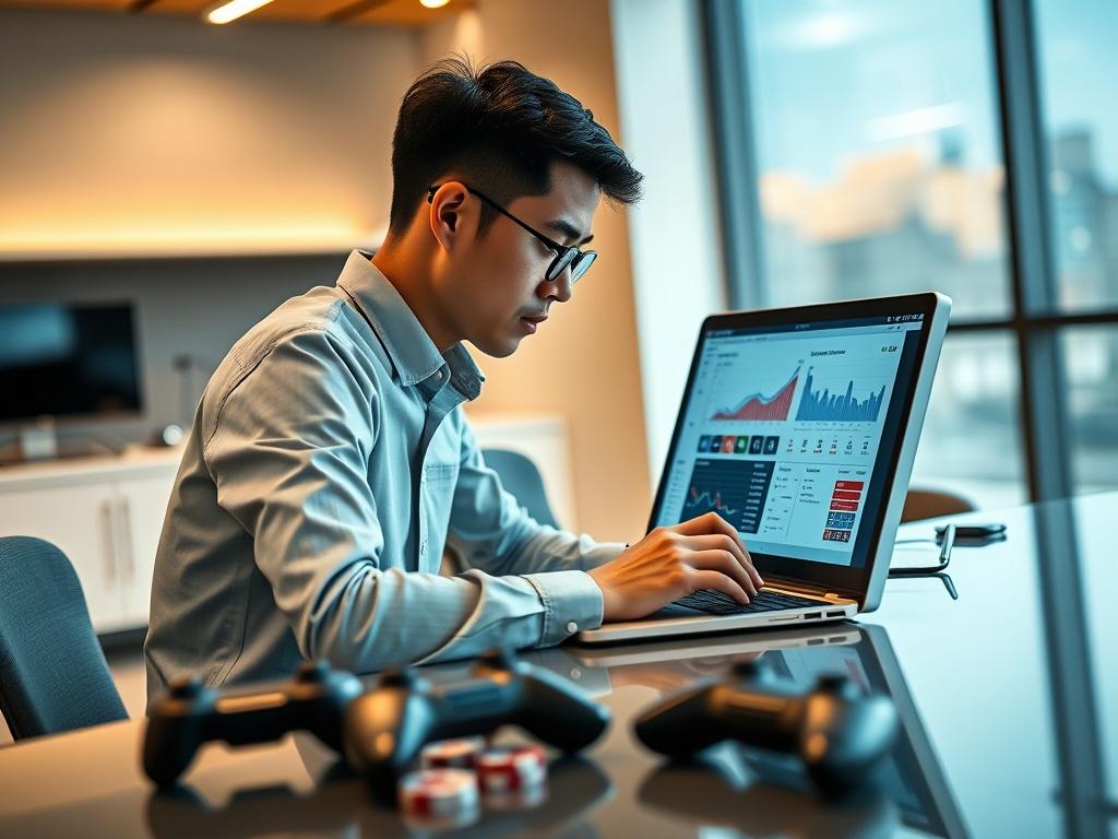 Create a realistic high-resolution photo featuring a professional digital marketer seated at a sleek, modern desk in a well-lit office environment. The subject is an engaged young adult of Asian descent, focused intently on a laptop screen displaying analytics and SEO metrics related to iGaming. 

The composition should be simple and clear, showcasing the subject in a mid-shot, with the body turned slightly to the left to present a natural profile while actively typing. The background should be blurred to e