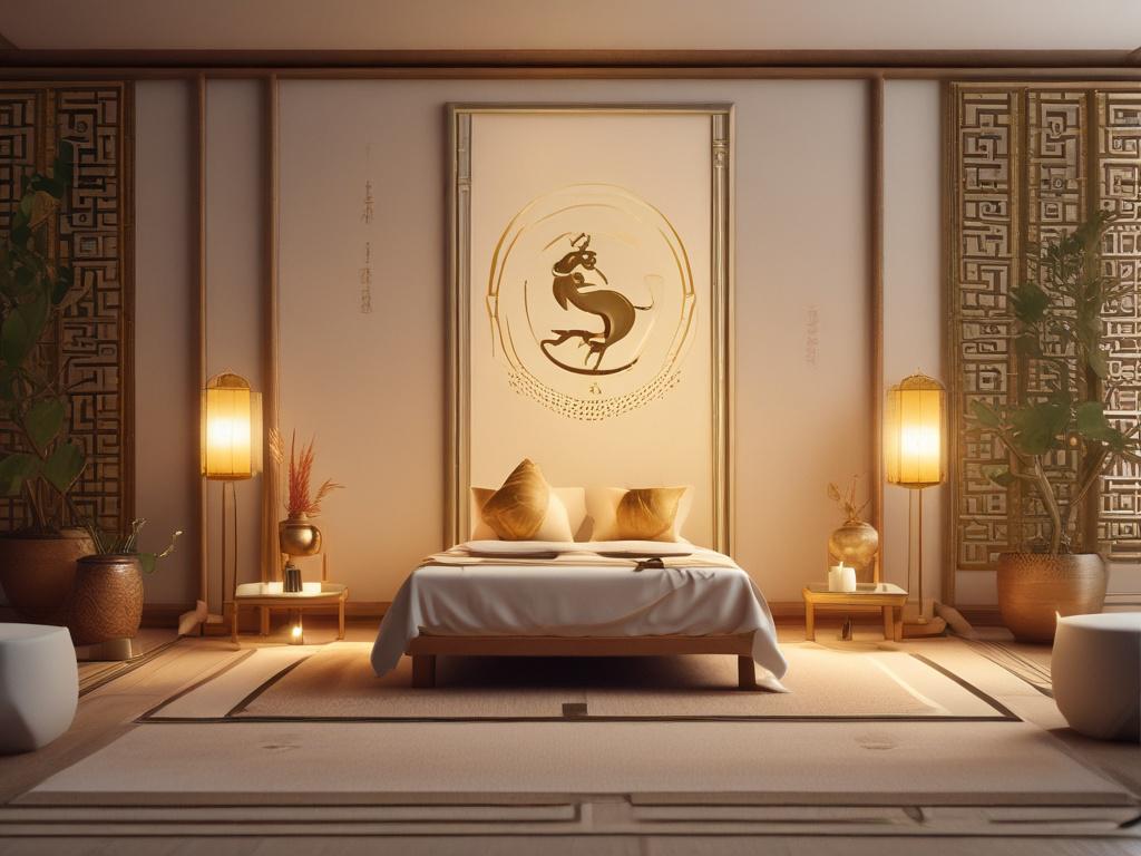 A serene, cozy room with soft golden lighting, featuring an elegant table with a beautifully crafted PDF document of a BaZi reading. In the background, a subtle representation of the Chinese zodiac animals is displayed, creating a warm and inviting atmosphere.