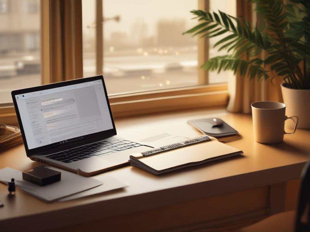 A serene, golden hued workspace with an open laptop displaying