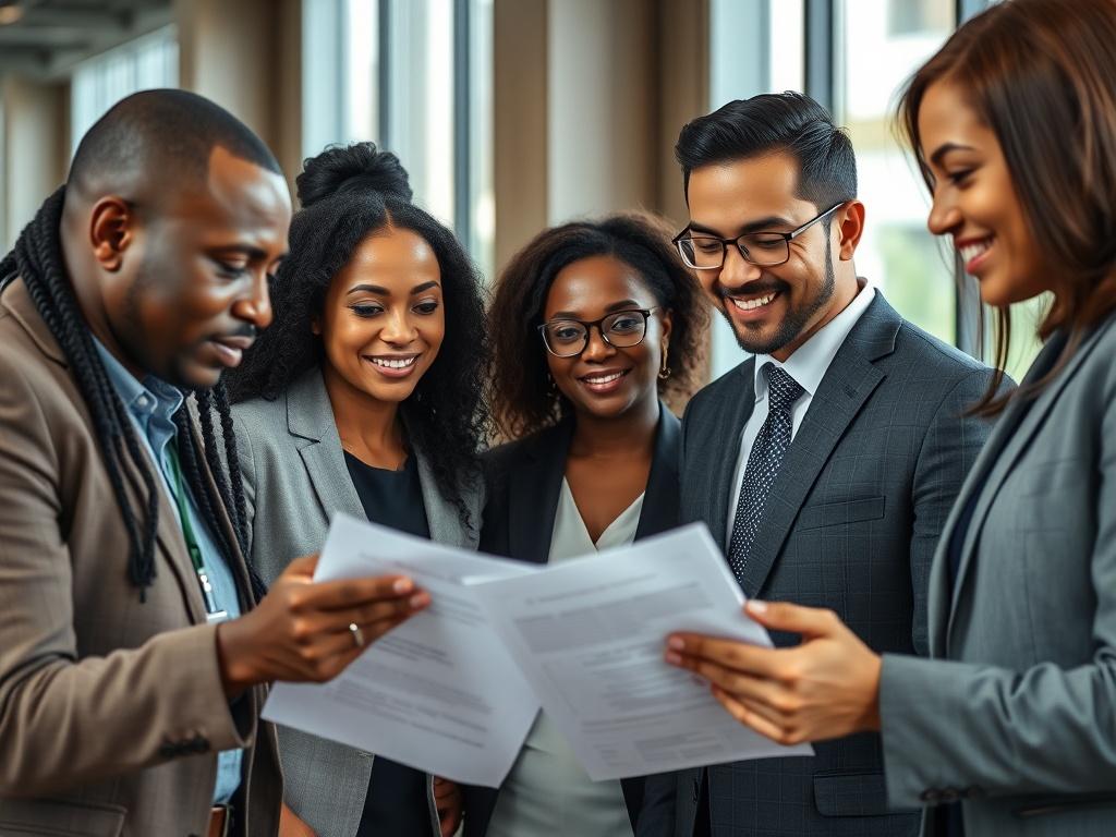 A realistic high-resolution photo of a diverse group of professionals in a modern office setting, showing Black and Asian individuals engaged in a recruitment and training session. The scene should depict collaboration, with people discussing and reviewing documents related to care, security, and cleaning sectors. The background should be simple and professional, featuring modern office furniture and natural light coming through large windows. The focus should be on the expressions of dedication and teamwor