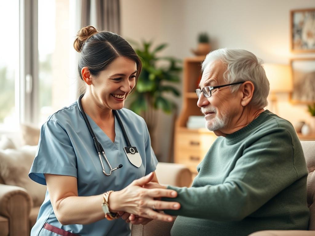 A realistic high-resolution photo of a compassionate care staff member interacting with an elderly resident in a care home setting. The staff member, a middle-aged woman with a warm smile, is assisting the resident in a cozy, well-lit room filled with comfortable furniture and personal touches. The background shows a window with soft natural light coming in, creating an inviting atmosphere. The focus is on the caring interaction and the supportive environment.