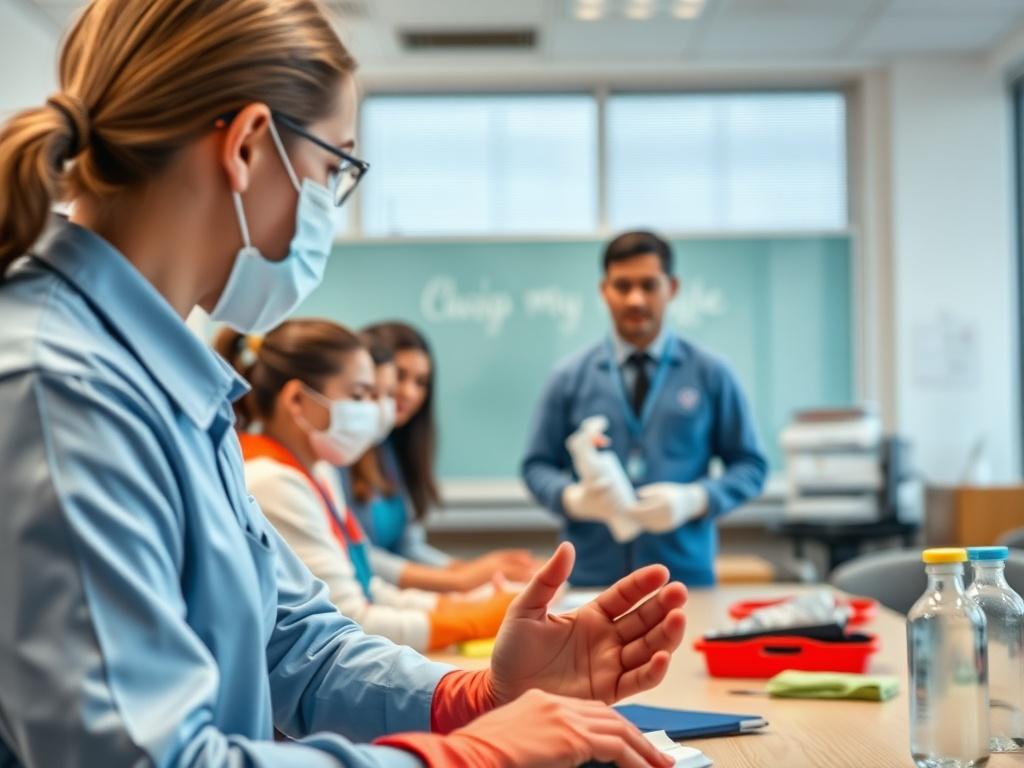 A close-up shot of a cleaning instructor guiding a group of trainees on proper cleaning techniques in a bright, organized classroom, emphasizing professionalism and hands-on learning.