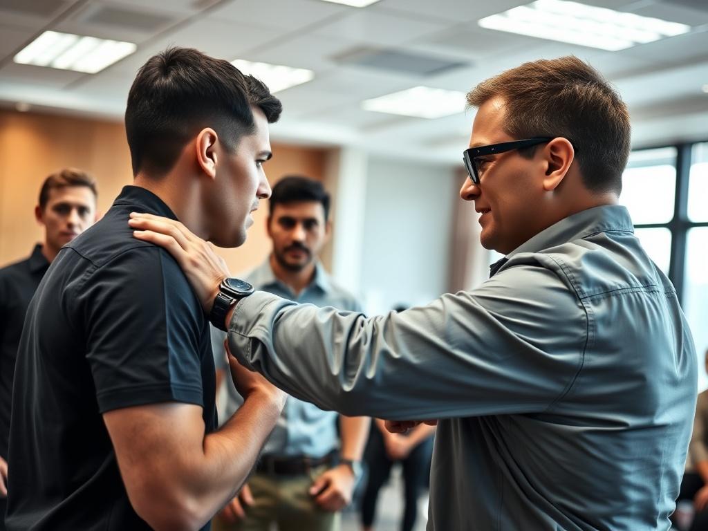 A close-up shot of a security trainer demonstrating self-defense techniques to a group of attentive trainees in a well-lit training room, showcasing engagement and active learning.