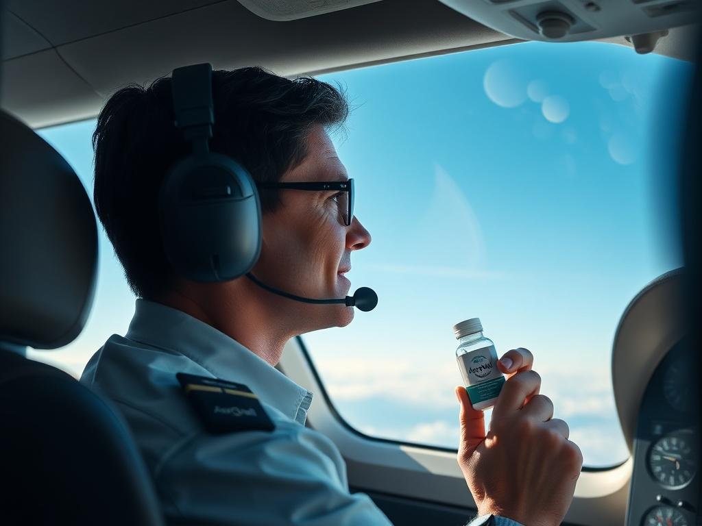 A serene and calming scene featuring a pilot in a modern cockpit gazing out of the window at the clear blue sky. The image should convey a sense of tranquility and health, showcasing the pilot holding a small AeroWell supplement bottle, symbolizing wellness during flights. Soft lighting and gentle tones should create a peaceful atmosphere, with the cockpit instruments subtly visible in the background. The overall composition should be simple and focused on the pilot's expression of reassurance and confidenc
