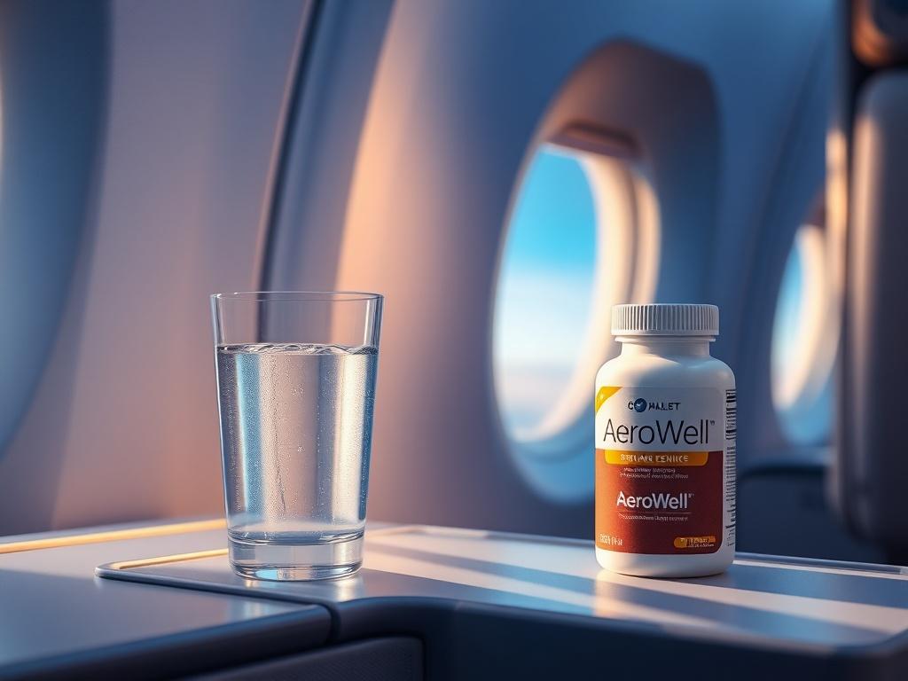 A high-resolution photo of a serene airplane cabin with soft blue lighting, showcasing a glass of water with AeroWell supplement next to it, emphasizing hydration and comfort in-flight, with a blurred window view of the sky in the background.