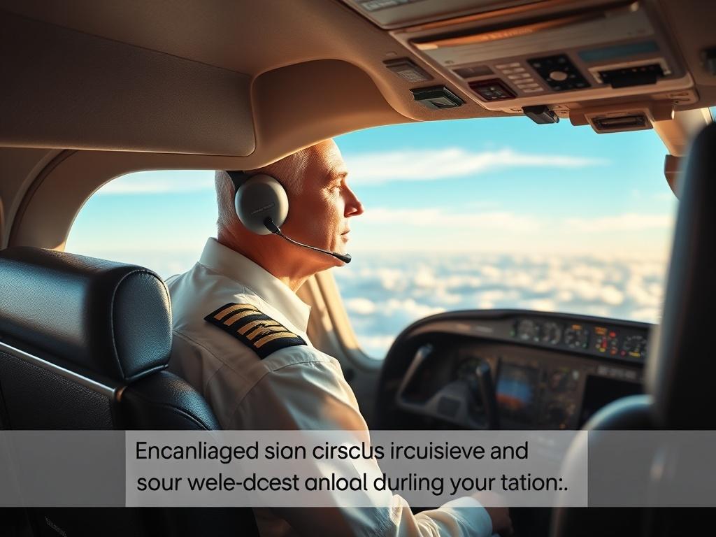 A high-resolution photo showing a pilot in an airplane cockpit, looking relaxed and focused, with a clear view of the sky outside, symbolizing enhanced blood circulation and well-being during flight.
