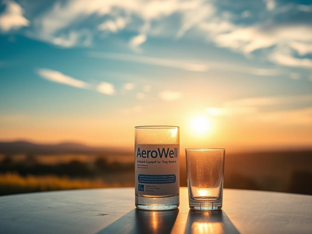 A high-resolution photo of a serene landscape with bright blue skies and a glass of AeroWell supplement on a table, symbolizing antioxidant support and overall well-being for flight personnel.