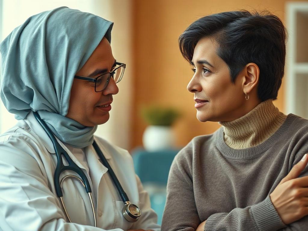 A close-up shot of a healthcare professional engaging in a wellness consultation with a patient, focusing on the professional's attentive listening and the patient's thoughtful expression. The background is warm and inviting, reflecting a caring atmosphere.