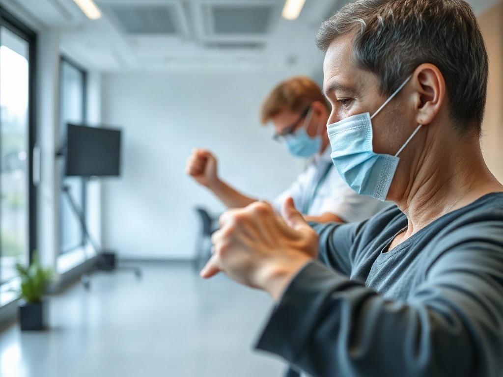 A close-up shot of a patient performing rehabilitation exercises with the guidance of a trained professional in a modern clinic. The focus is on the patient's determination and the supportive environment, showcasing the importance of rehabilitation in recovery.