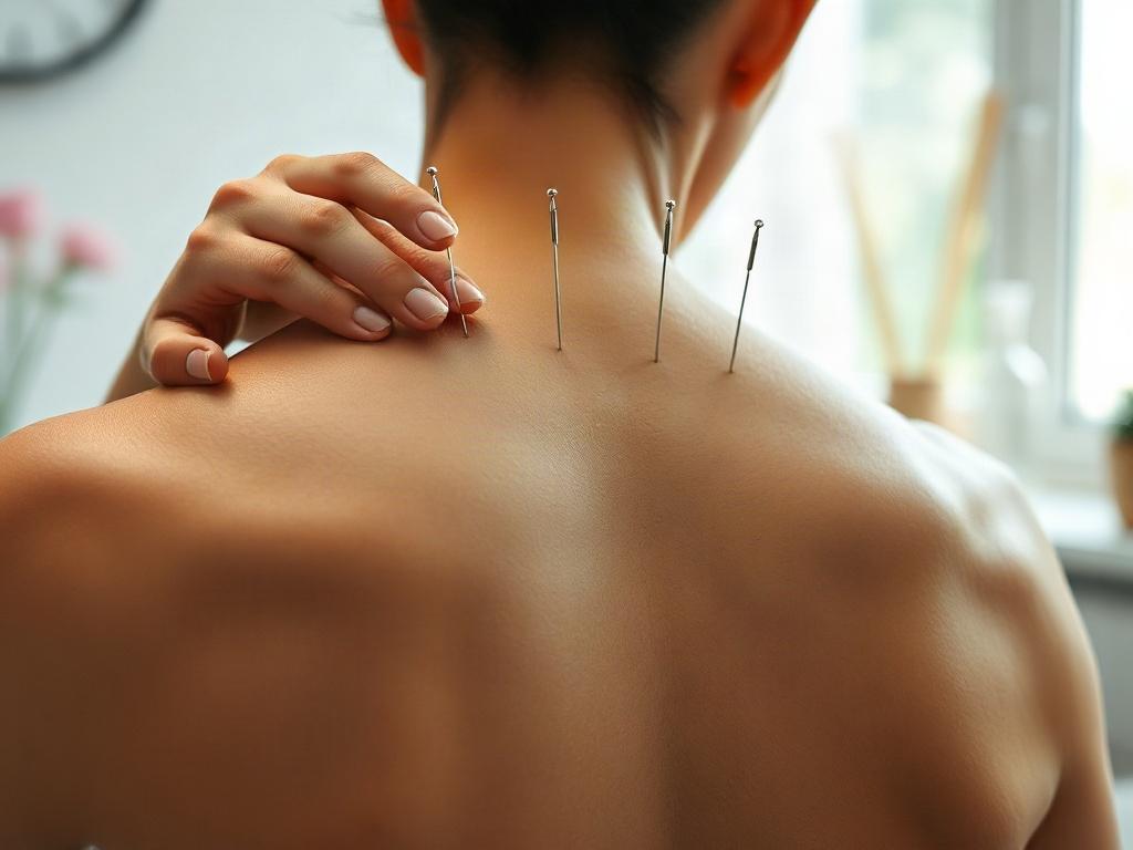 A serene image of a patient receiving acupuncture treatment, with needles gently placed along their back. The background should reflect a calming, tranquil clinic ambiance with soft colors and natural light, emphasizing relaxation and healing.