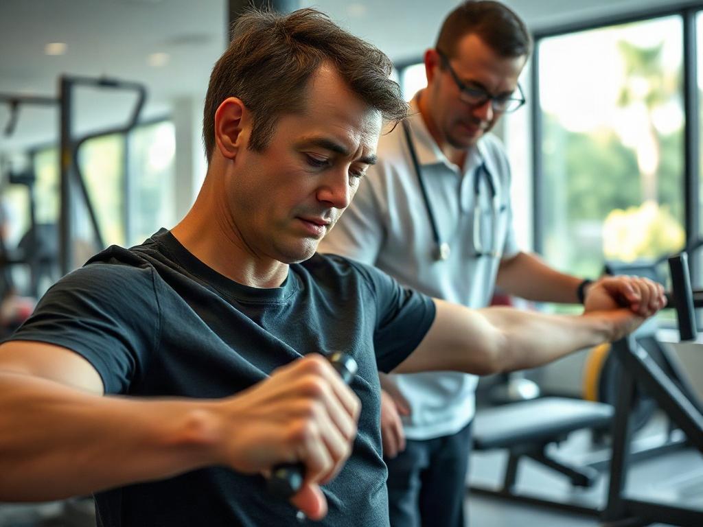 A dynamic shot of a patient performing rehabilitation exercises under the supervision of a professional, showcasing focused effort and determination. The setting should be a well-lit rehab area with exercise equipment, enhancing the atmosphere of support and recovery.