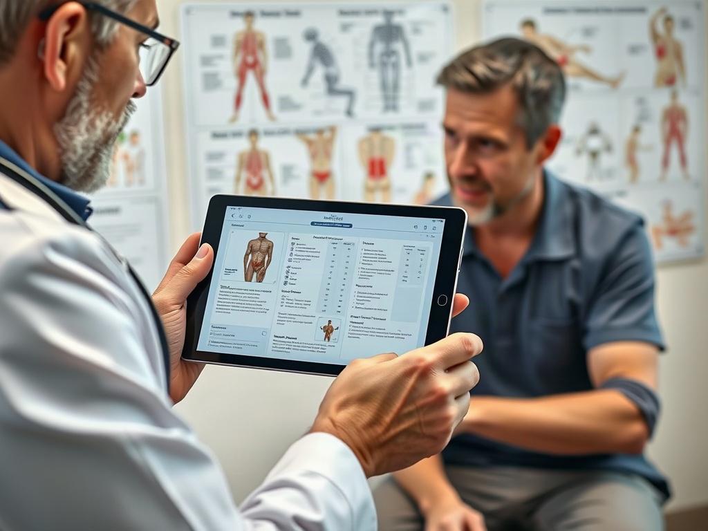 A close-up of a chiropractor explaining a treatment plan to a patient using a digital tablet. The background features charts and diagrams related to anatomy and rehabilitation. The focus is on the interaction between the doctor and the patient, highlighting clear communication.