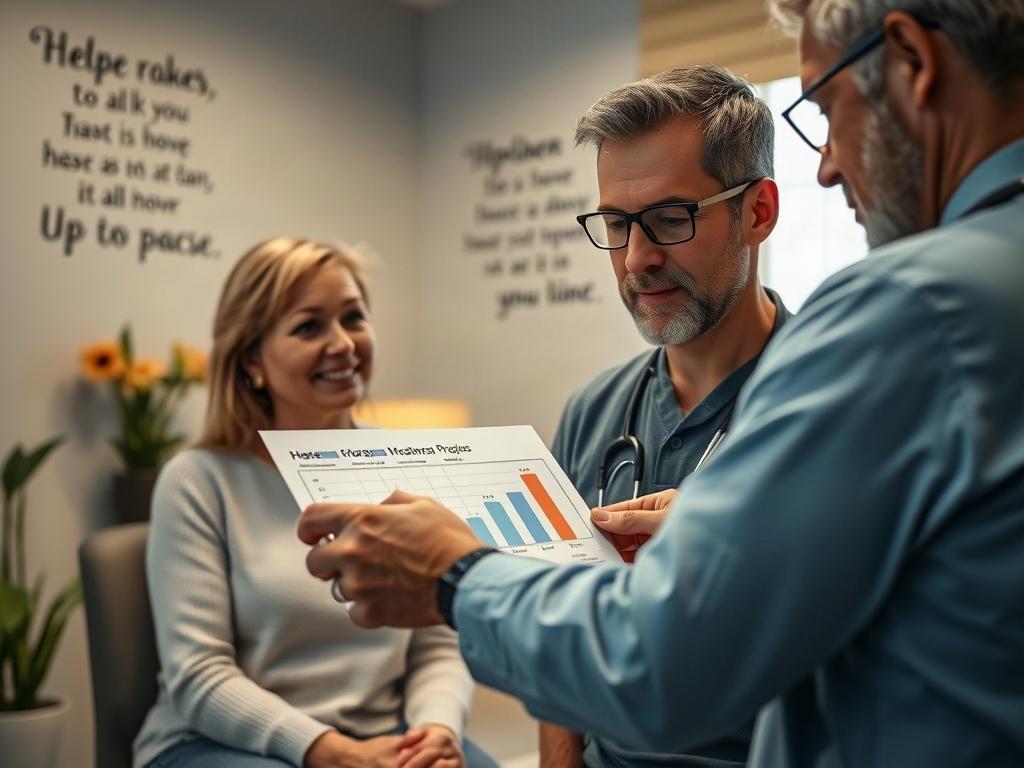 A close-up shot of a patient and chiropractor reviewing treatment progress on a chart. The setting is warm and inviting, with motivational quotes on the wall. The focus is on the collaboration and encouragement between the patient and the doctor.