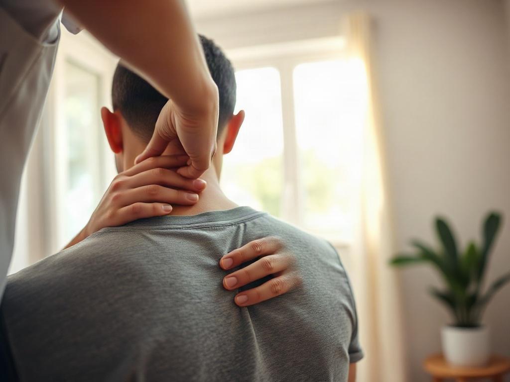 A close-up shot of a chiropractor adjusting a patient's spine in a bright, welcoming clinic environment. The focus is on the chiropractor's hands gently manipulating the patient's back, showcasing the precision of the treatment. The background features soft, neutral colors with natural light coming in, creating a calm and healing atmosphere.
