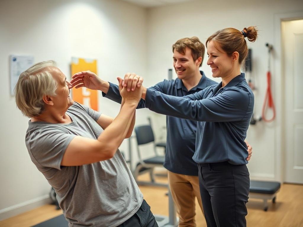 A high-resolution image of a physical therapist demonstrating rehabilitation exercises with a patient. The patient is performing a stretching exercise under the guidance of the therapist, who is providing encouragement and support. The clinic has a warm, inviting atmosphere with exercise equipment in the background.