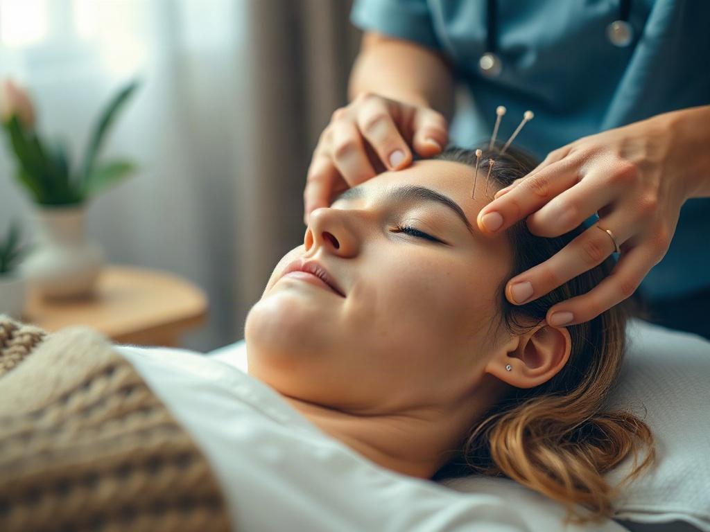 A serene image of a patient receiving acupuncture treatment, with needles gently inserted at specific points. The setting is tranquil, featuring soft lighting and calming colors, with the practitioner attentively monitoring the patient's comfort. The focus is on the patient’s relaxed expression, emphasizing the soothing nature of the treatment.