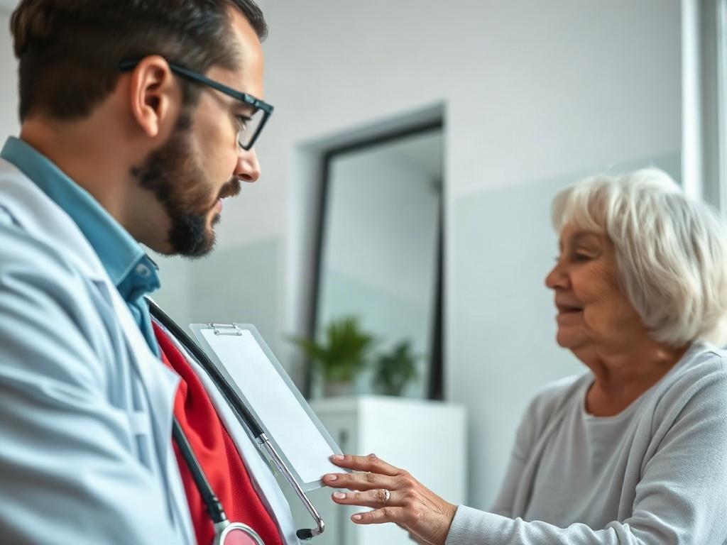 A close-up shot of a healthcare professional discussing with a patient in a clinical setting, focusing on their expressions, with a clean and professional background.