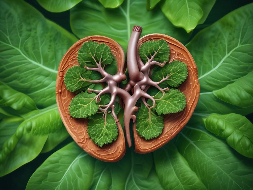 Create a hyper-realistic close-up image of a healthy kidney surrounded by vibrant green leaves, symbolizing vitality and health. The kidney should be the central focus, detailed with a smooth surface and subtle texture. Ensure the background is softly blurred, emphasizing the kidney while incorporating the RGB color (2, 86, 197) subtly in the leaves or lighting. The composition should be simple, with the kidney clearly visible in a well-lit, high-resolution quality.