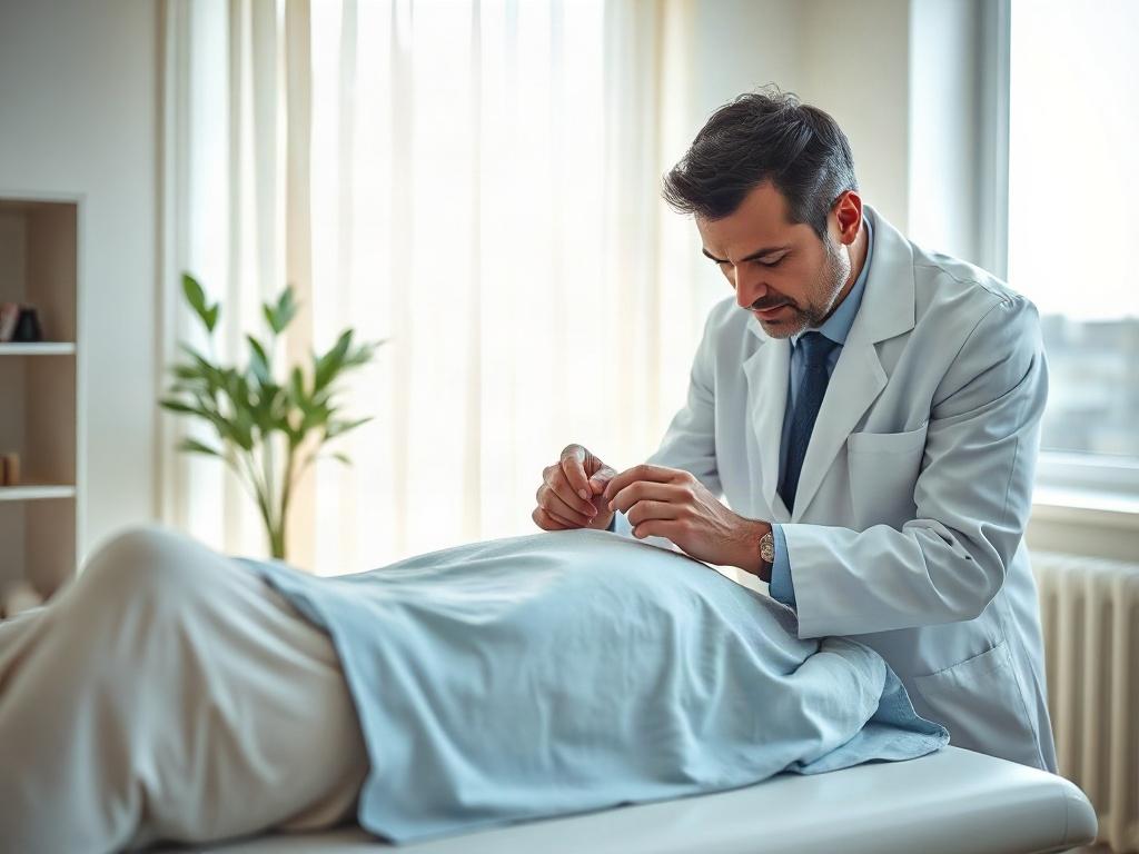 A close-up shot of a chiropractor gently adjusting a patient's spine in a serene clinic setting. The chiropractor is focused and professional, wearing a white coat, while the patient appears relaxed and comfortable on the treatment table. Soft, natural light filters through a window in the background, highlighting the clean and inviting atmosphere of the clinic. The color scheme features calming shades of blue and white, creating a sense of tranquility and healing.