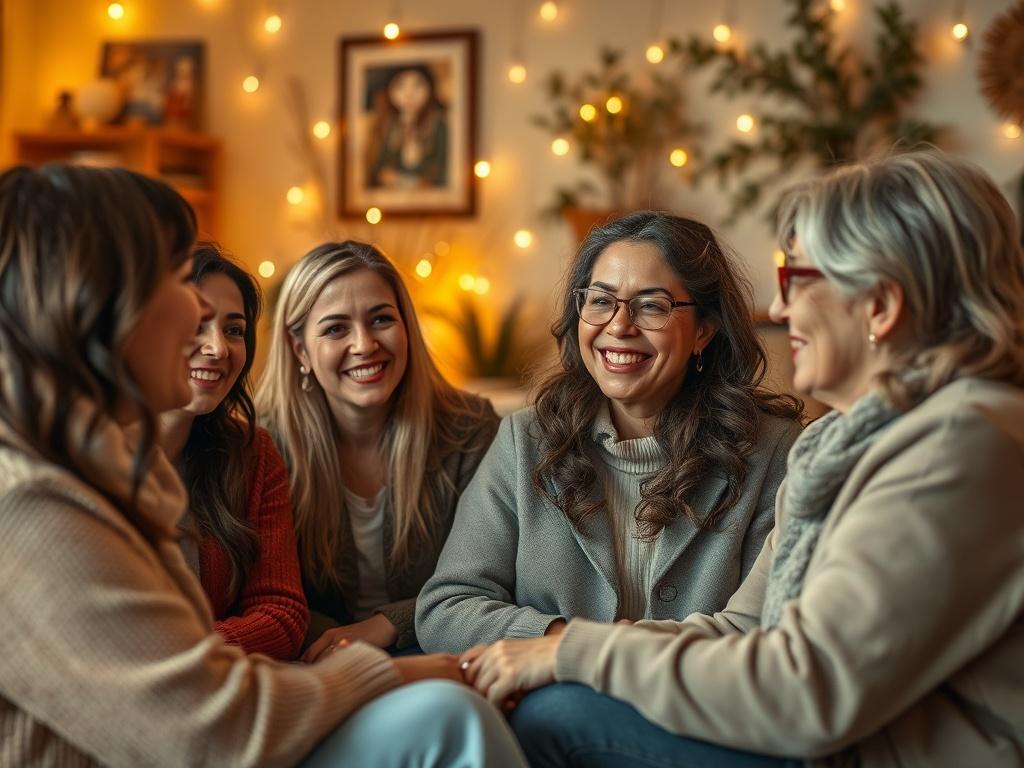 A cozy gathering of women sharing stories in a warm,