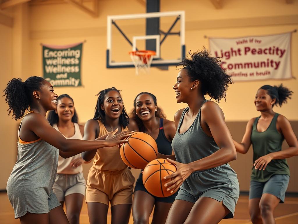 A group of diverse women playing basketball in a well