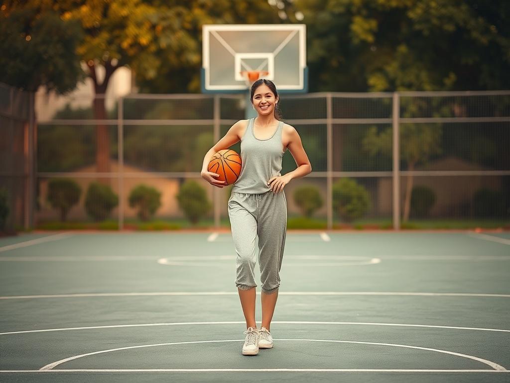 **AI Image Generation Prompt:**

Create a realistic, high-resolution photo featuring a single woman standing confidently on a basketball court. The woman should be positioned in the center of the composition, exuding strength and determination. She is dressed in comfortable sports attire, holding a basketball under one arm, with an expression of empowerment and joy on her face.

The background should showcase a well-maintained outdoor basketball court surrounded by lush greenery, symbolizing a nurturing com