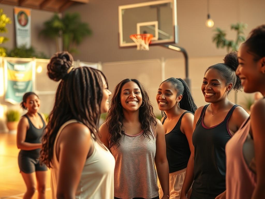 A warm, inviting scene depicting a diverse group of women engaged in a community basketball practice, with soft golden lighting and a serene atmosphere. The focus is on the women laughing and encouraging each other, showcasing camaraderie and empowerment. In the background, a well-maintained basketball court with community banners and greenery, emphasizing a supportive environment.