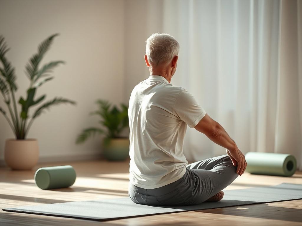 A serene environment featuring a single person practicing postural correction exercises. The subject is a middle-aged individual sitting on a yoga mat, demonstrating a proper seated posture with a relaxed demeanor. Soft natural lighting illuminates the room, creating a tranquil atmosphere. The background includes gentle greenery and a subtle hint of wellness props like a yoga block and a foam roller, emphasizing a peaceful and health-focused setting.