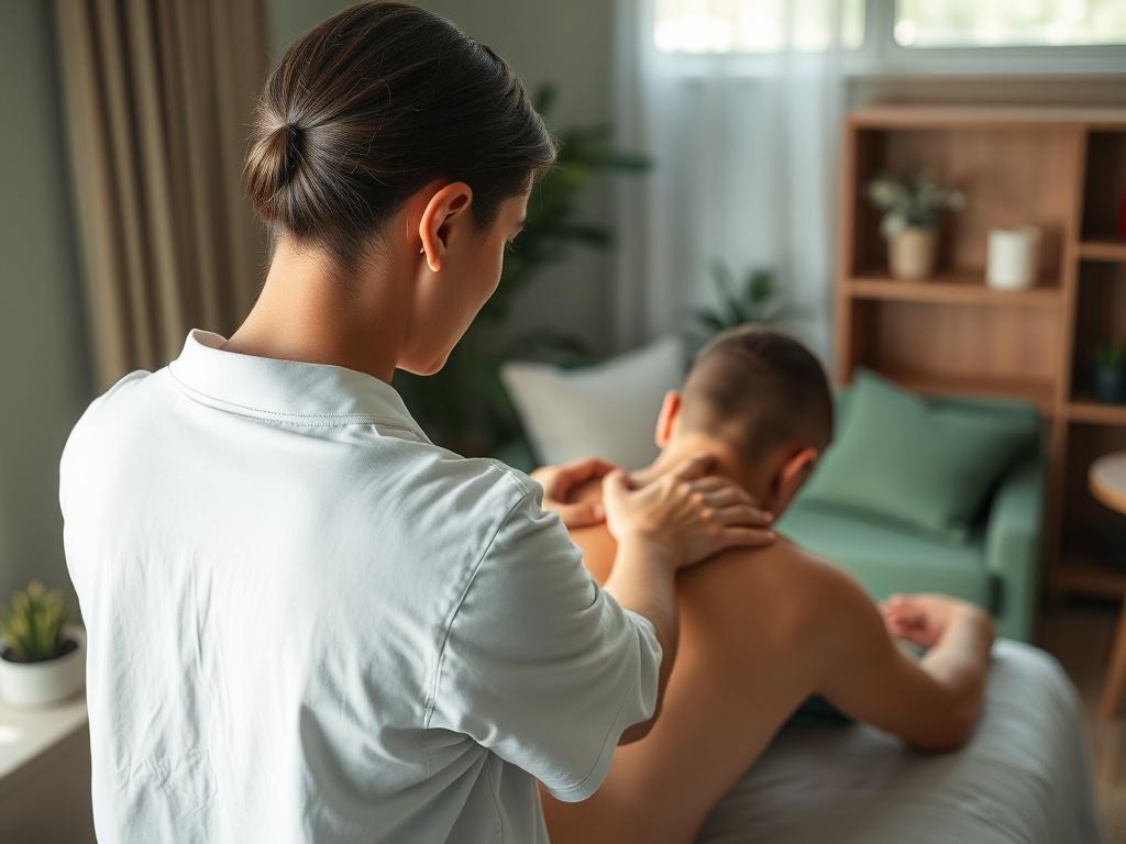A serene mobile pain relief clinic setting, showcasing a physiotherapist