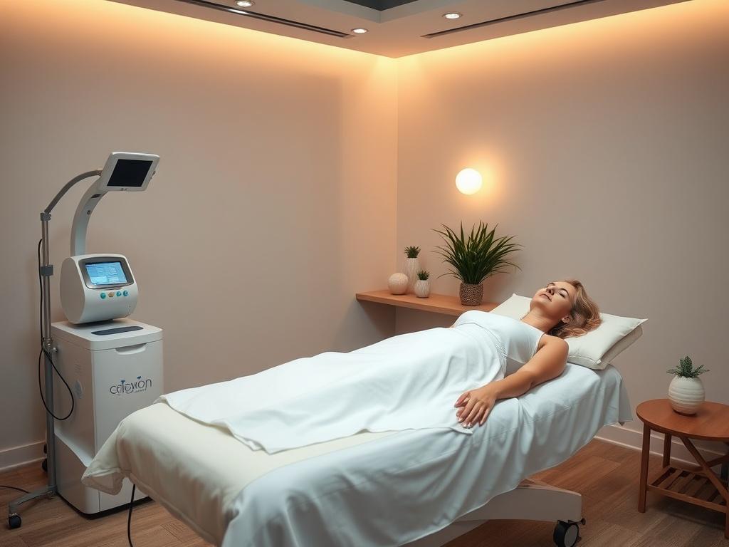 A modern electrotherapy treatment room featuring a treatment table, electrotherapy