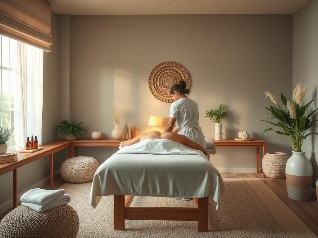 A serene and inviting massage therapy room with soft lighting