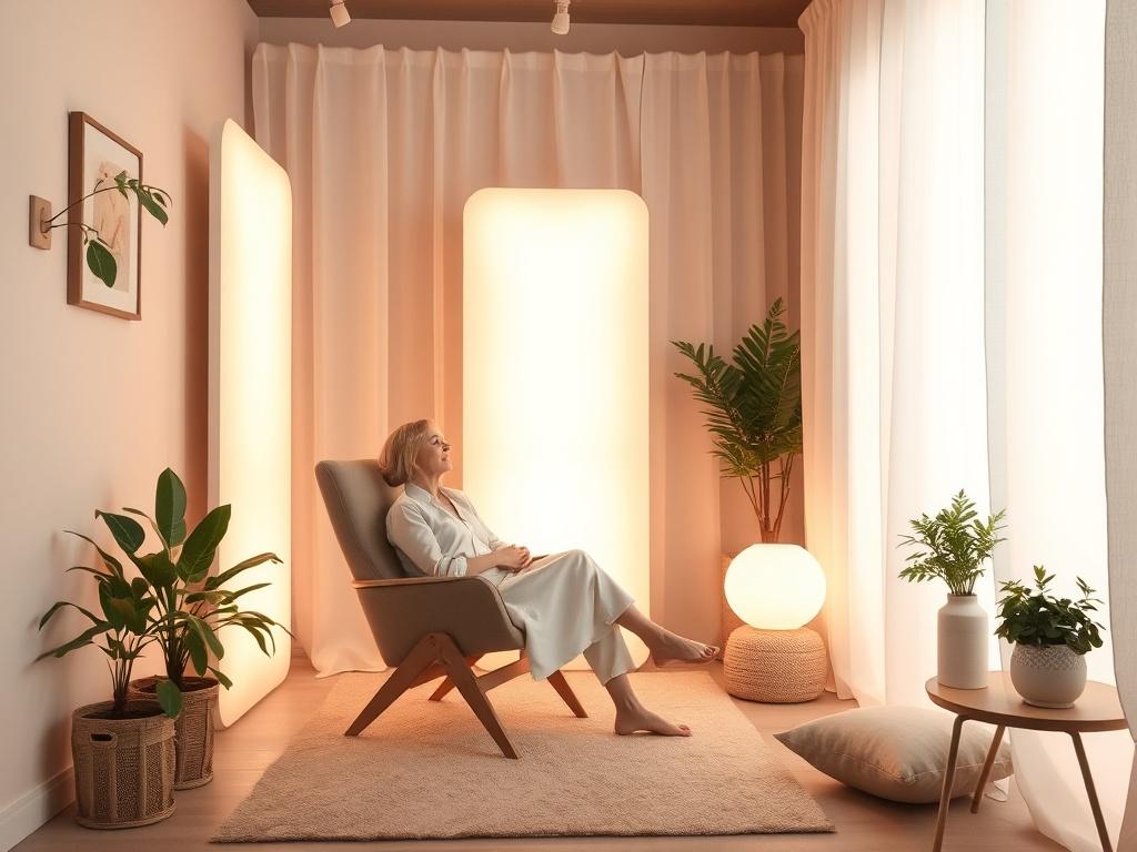 A tranquil light therapy room with soft, warm lighting
