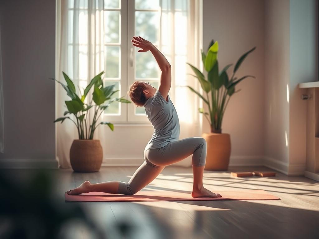 A serene and peaceful environment featuring a person practicing stretching exercises on a yoga mat. The individual is in a gentle stretching pose, surrounded by soft lighting and calming colors. The background showcases a tranquil indoor setting, with plants and natural light filtering in, creating a relaxing atmosphere. The overall composition should convey a sense of calmness and well-being.