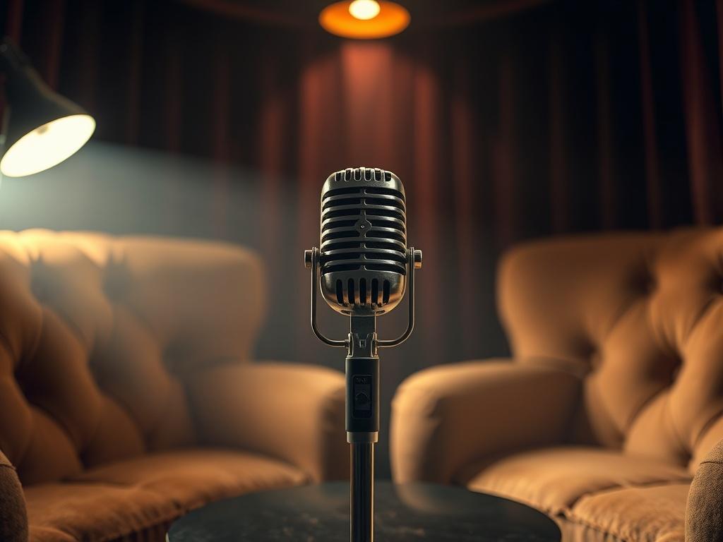 A cozy, intimate listening environment with a vintage microphone, soft