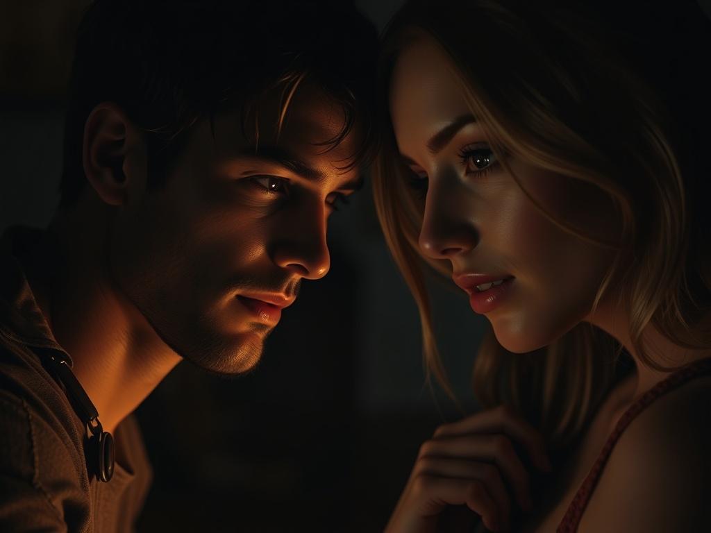 A split scene showcasing two characters in an intimate setting,