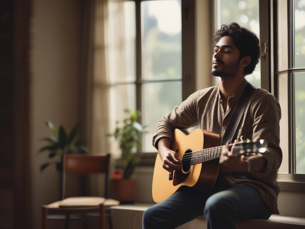 Shayab Rahman in a music video setting, performing with guitar,
