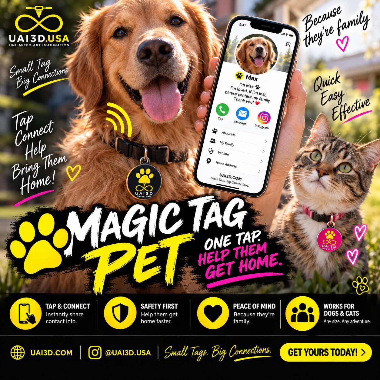 A hand tapping a smartphone against a Magic Tap Pet NFC tag on a golden retriever's collar