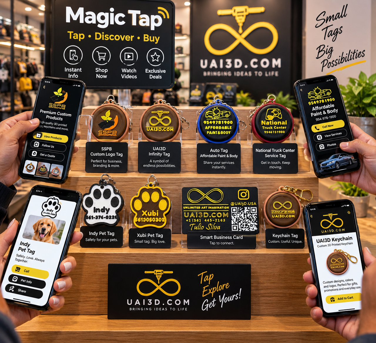 The Magic Tap product family: disc, card, keychain, and sticker NFC tags in matte black and indigo finishes