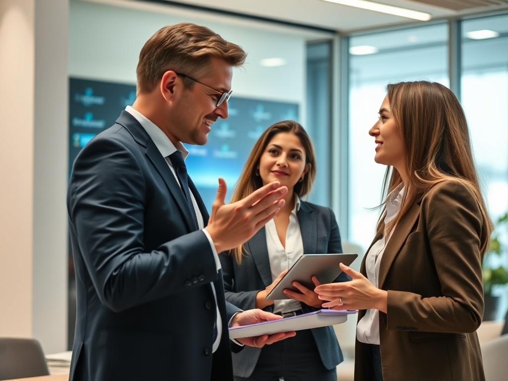 A professional consultant engaged in a discussion with a business leader in a modern office setting. The focus is on their confident expressions and interactive gestures. The background is a sleek, minimalistic office with soft lighting, showcasing technology elements like laptops and screens. The image should have a hyper-realistic quality, captured with a 45mm f/1.2 lens style, emphasizing clarity and detail, with a color palette that includes shades of rgb(3, 125, 201).