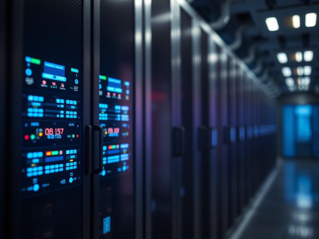 A close-up shot of a secure server room, showcasing advanced AI technology with glowing screens and digital interfaces. The composition should focus on a single, sleek server rack with vibrant blue lights, reflecting a modern and secure environment. The background should be softly blurred to emphasize the server rack, capturing a high-tech atmosphere.