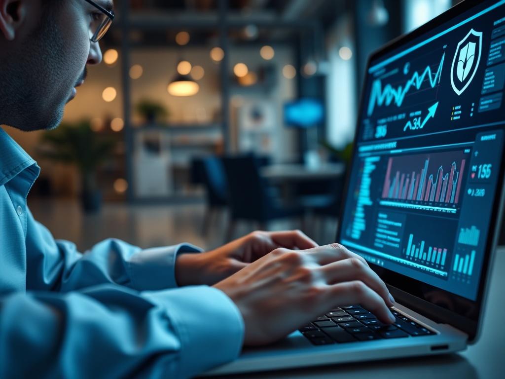 A close-up shot of a cybersecurity consultant engaging with a laptop, analyzing data on the screen. The image should focus on the consultant's hands typing, with a modern office background subtly blurred, featuring elements like charts and security icons. This captures the essence of cybersecurity analysis and expertise.