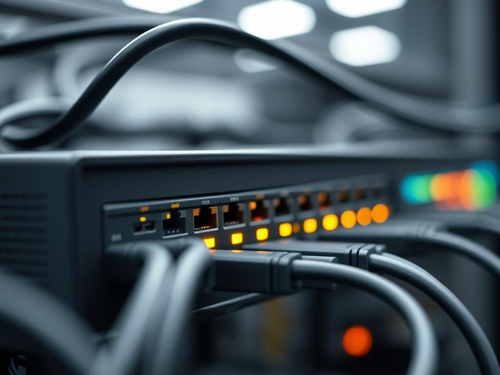 A close-up shot of a network infrastructure setup, showcasing a modern router with blinking lights and connected cables. The background should be softly blurred, emphasizing the technology while creating a professional atmosphere. This image should convey the importance of a strong network for business operations.