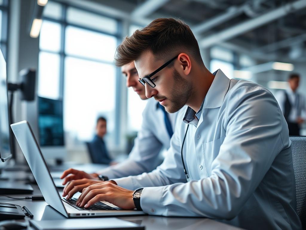 A professional IT specialist collaborating with a team in an office setting. The specialist is focused on their laptop, analyzing data on the screen. The background shows a modern office environment with high-tech equipment and a large window letting in natural light. The composition should be simple and clear, emphasizing the specialist and their work, while the environment suggests a bustling IT atmosphere. The color scheme should incorporate shades of blue, in line with the rgb(3, 125, 201) primary color