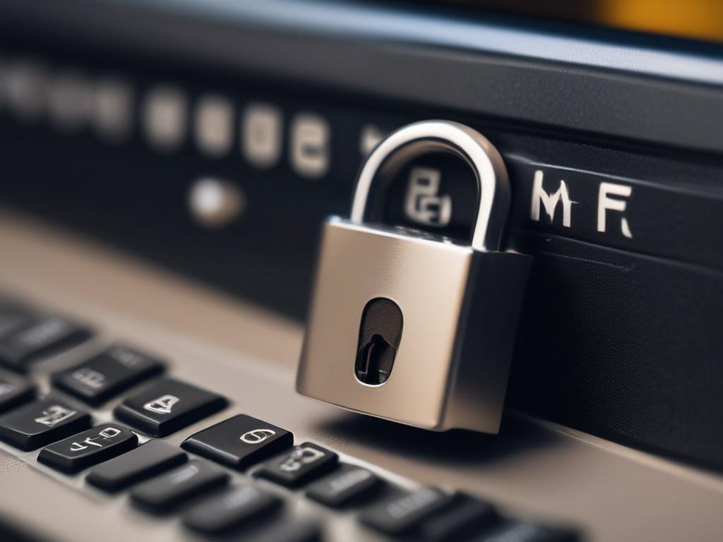 A close-up shot of a secure digital lock on a modern computer screen, reflecting a sense of safety and trust. The background should be softly blurred with a dark color palette, emphasizing the lock's details. The image should convey a strong sense of security and reliability, shot with a 45mm f/1.2 lens.