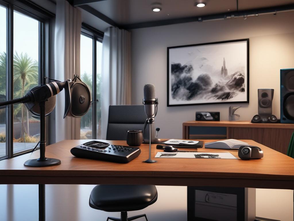 A high resolution image of a modern podcast studio with